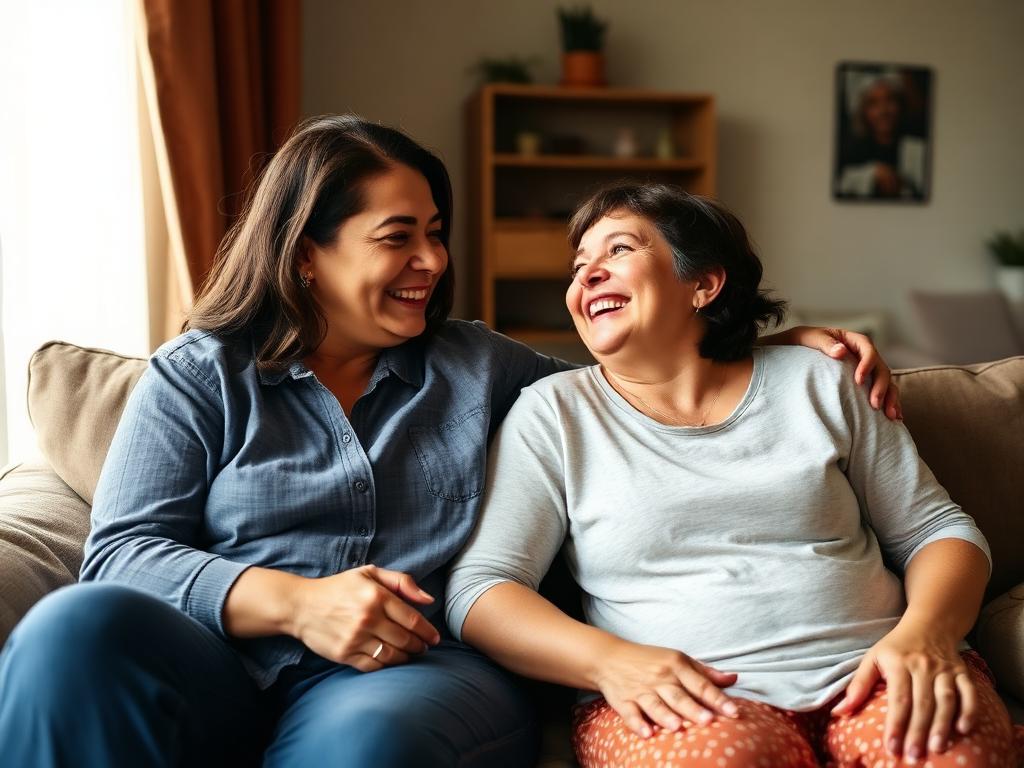 A daughter sitting with her mother, going through paperwork together