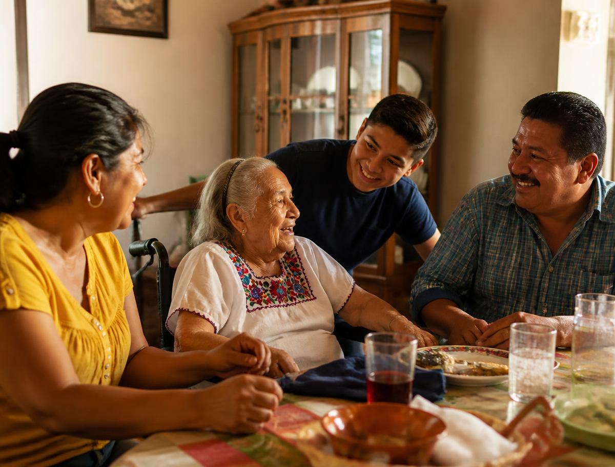 A multigenerational family gathered around a dinner table with their grandmother