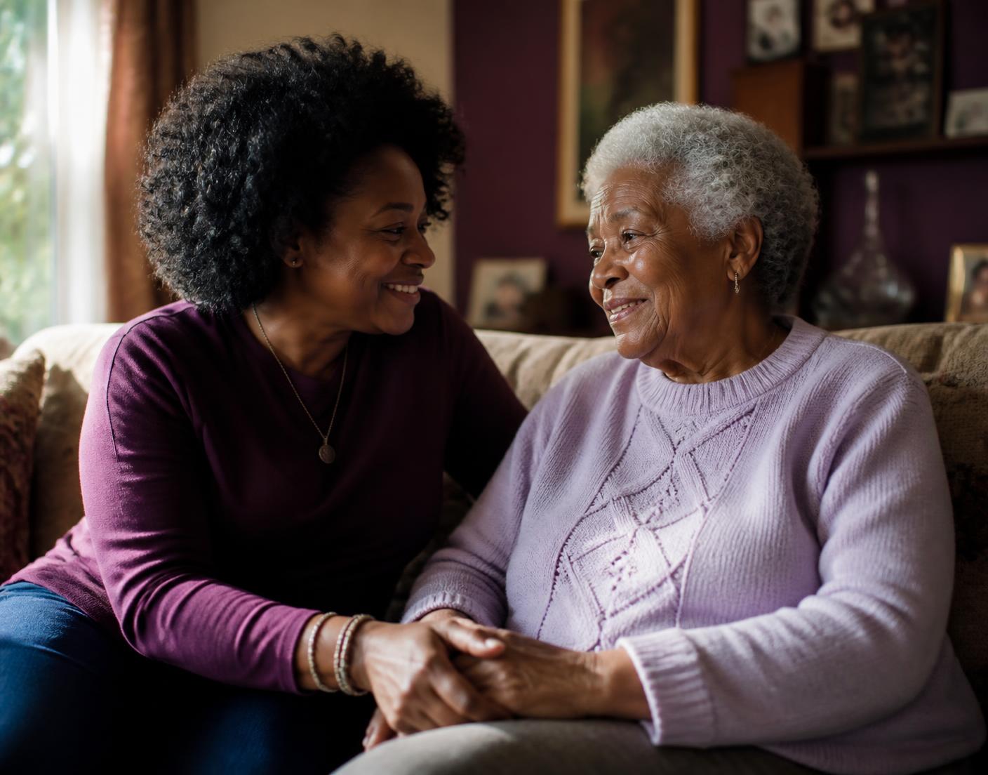 A daughter sitting with her elderly mother, holding hands and smiling
